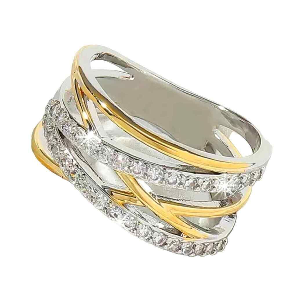 14K Two Tone Gold and Silver Ring with Criss Cross Diamond Band